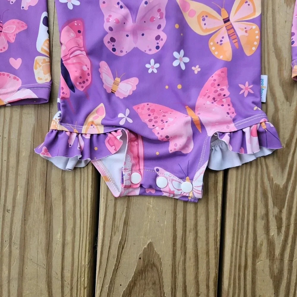 Baby Girl Butterfly Print One Piece Swimsuit & Hat Set 12-18M Ruffle Purple